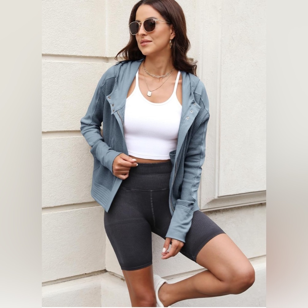 Waffle Knit Hoodies Long Sleeve Zip Up Jacket Casual Loose Short Shirts …